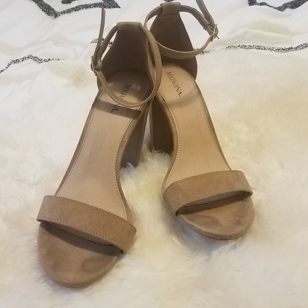 Nude chunky strappy heels